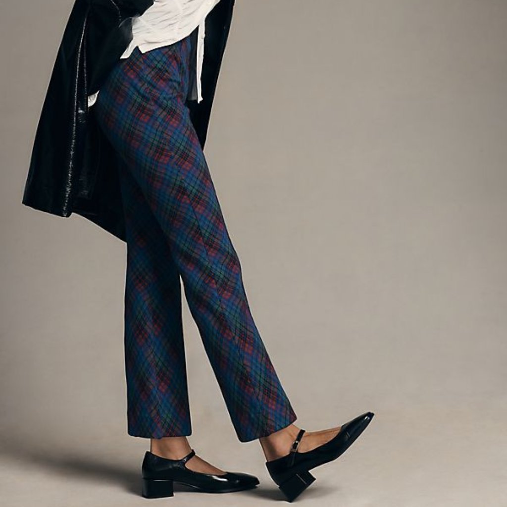 Anthropologie Plaid Boot-Cut Trousers In Navy, Green & Burgundy